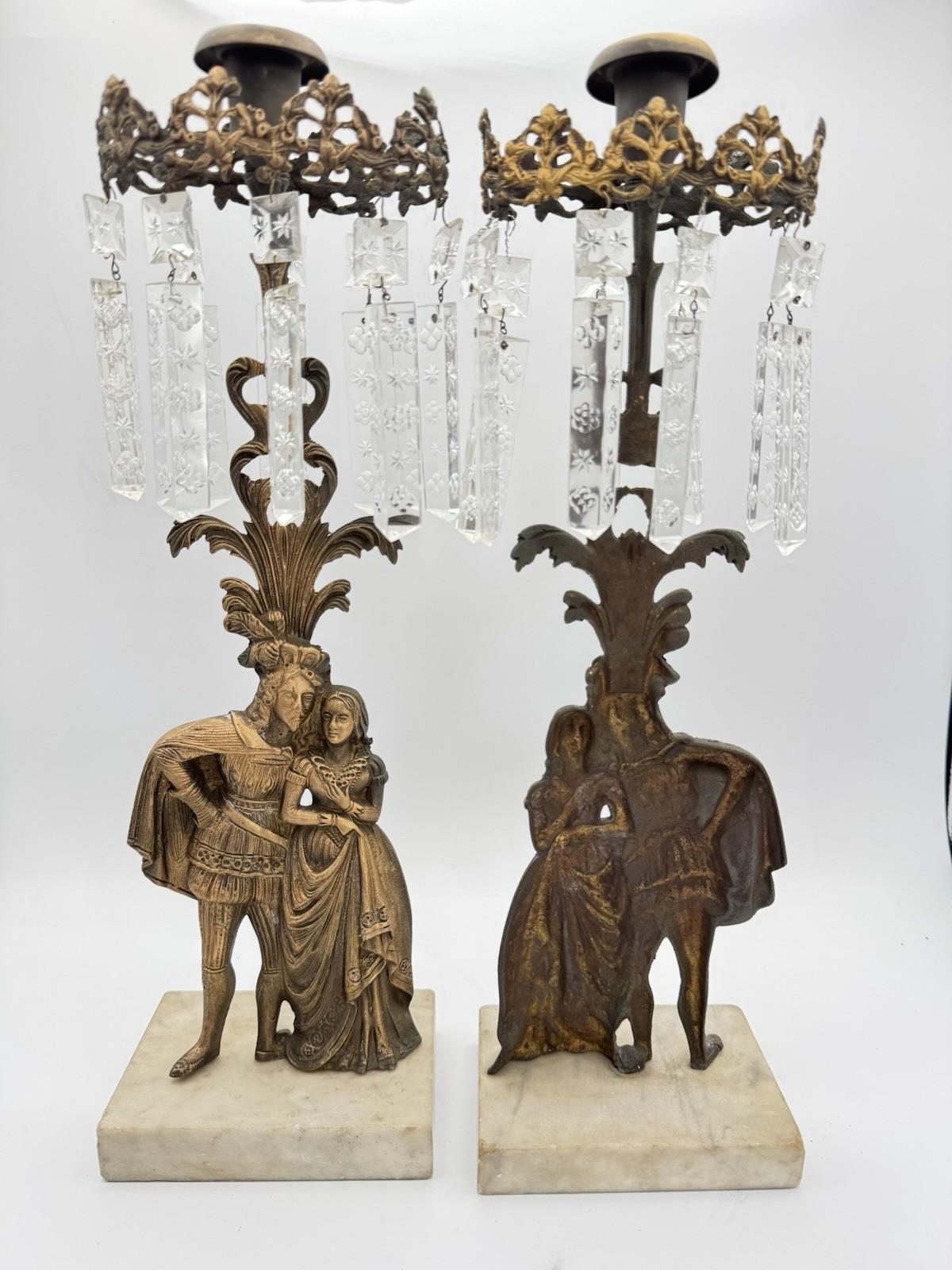 Pair of Antique Figural Mantle Lusters with Crystal Prisms – Marble Base, 15.5”