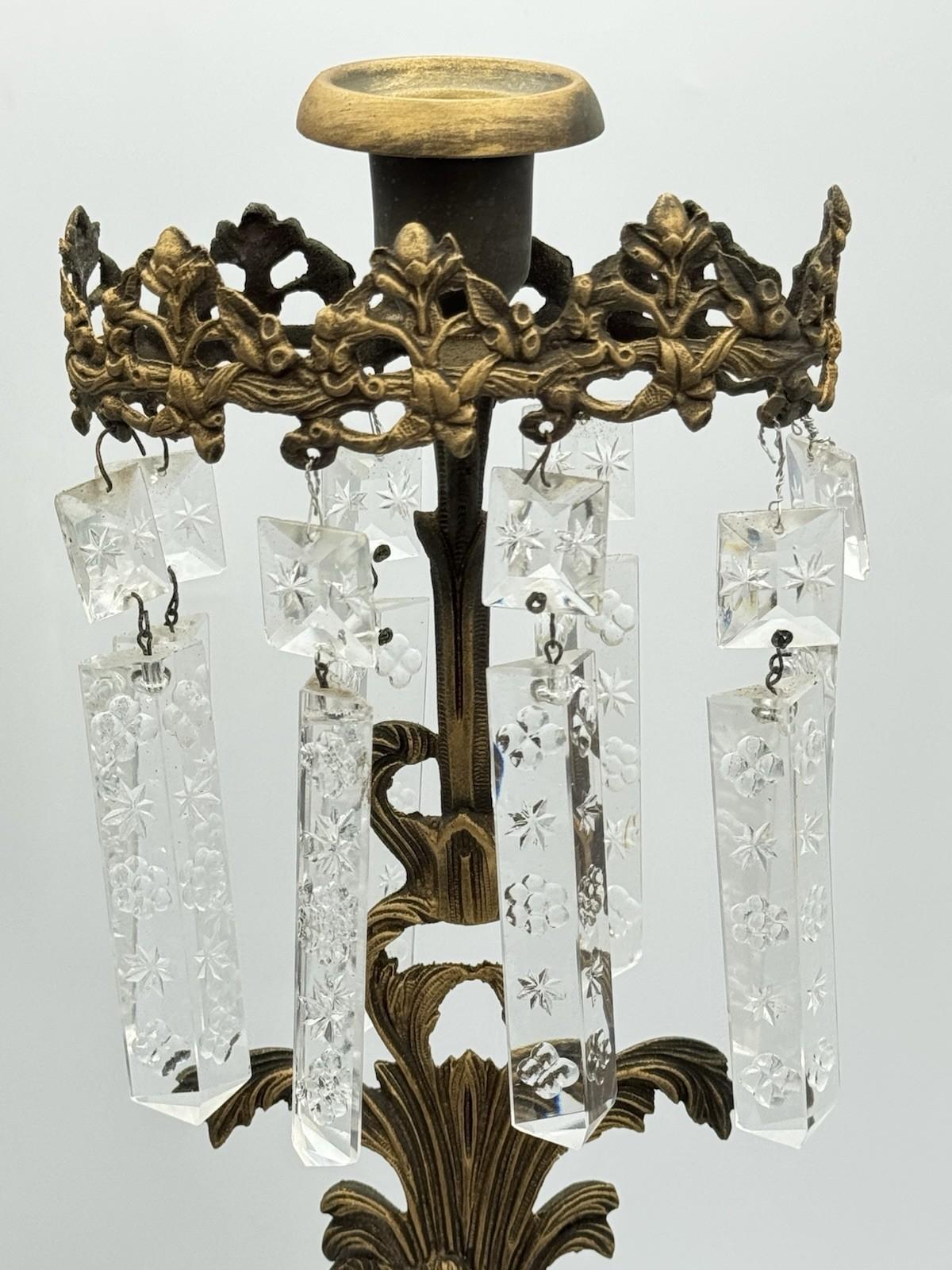 Pair of Antique Figural Mantle Lusters with Crystal Prisms – Marble Base, 15.5”