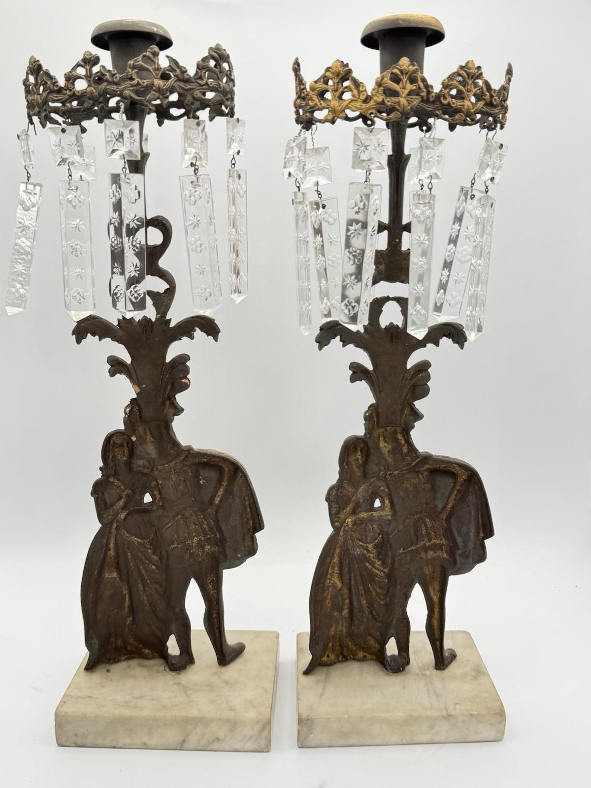 Pair of Antique Figural Mantle Lusters with Crystal Prisms – Marble Base, 15.5”