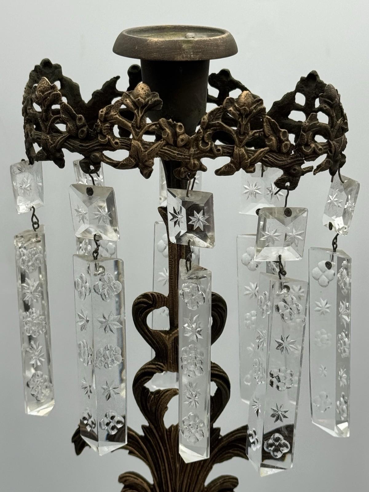 Pair of Antique Figural Mantle Lusters with Crystal Prisms – Marble Base, 15.5”