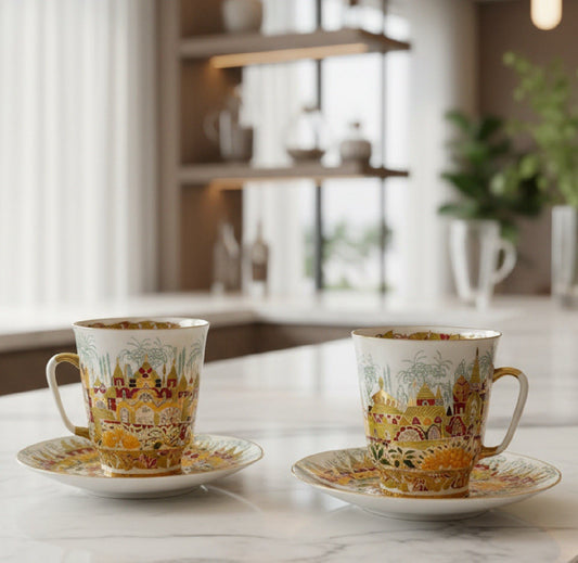 Pair Lomonosov Imperial Porcelain Golden Spring 2 Espresso Cups & Saucers 22K