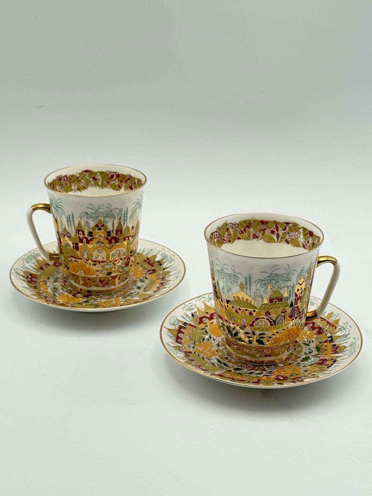 Pair Lomonosov Imperial Porcelain Golden Spring 2 Espresso Cups & Saucers 22K