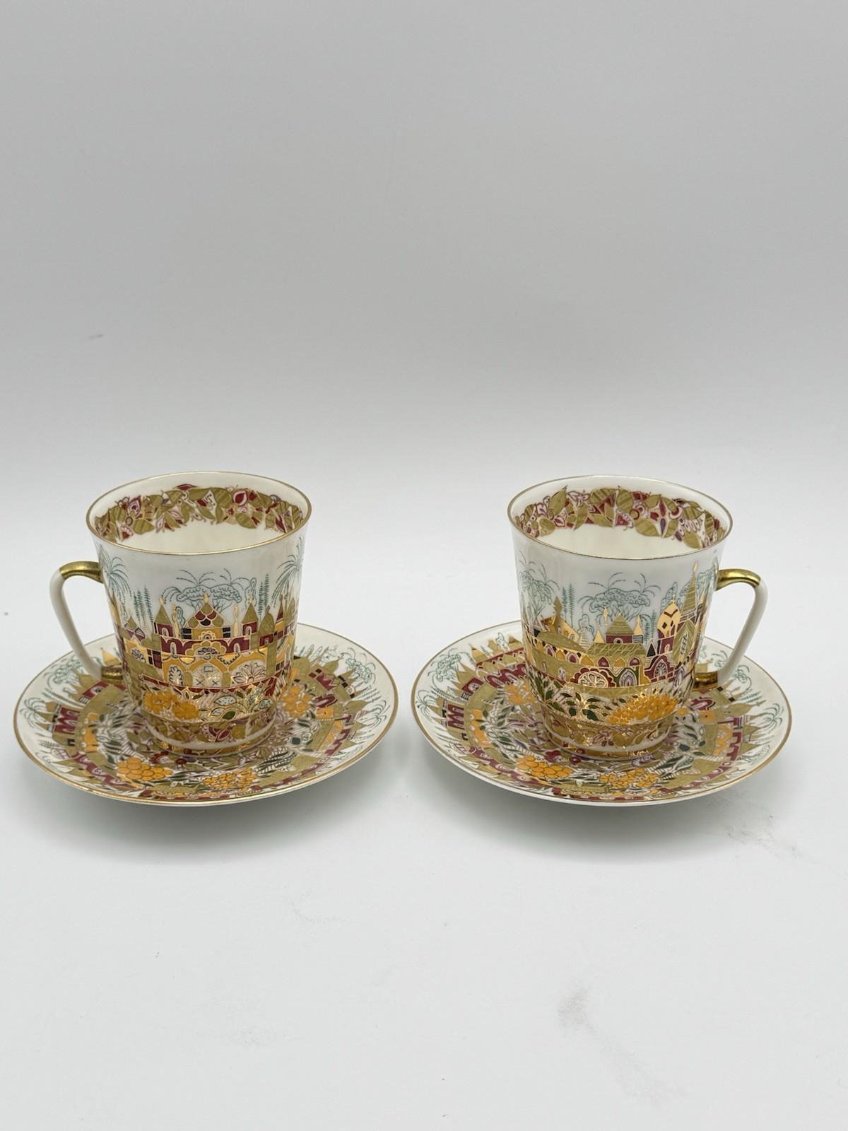 Pair Lomonosov Imperial Porcelain Golden Spring 2 Espresso Cups & Saucers 22K