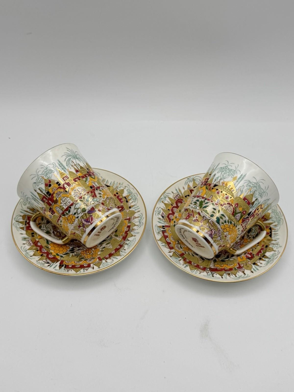 Pair Lomonosov Imperial Porcelain Golden Spring 2 Espresso Cups & Saucers 22K
