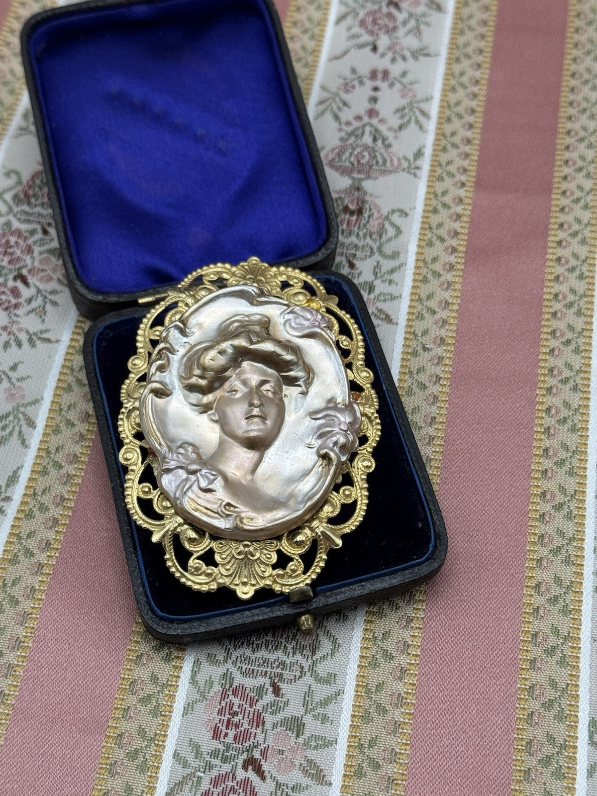 Art Nouveau Style Woman Brooch Pendant – 3” by 2” – Gilt Metal Filigree Frame