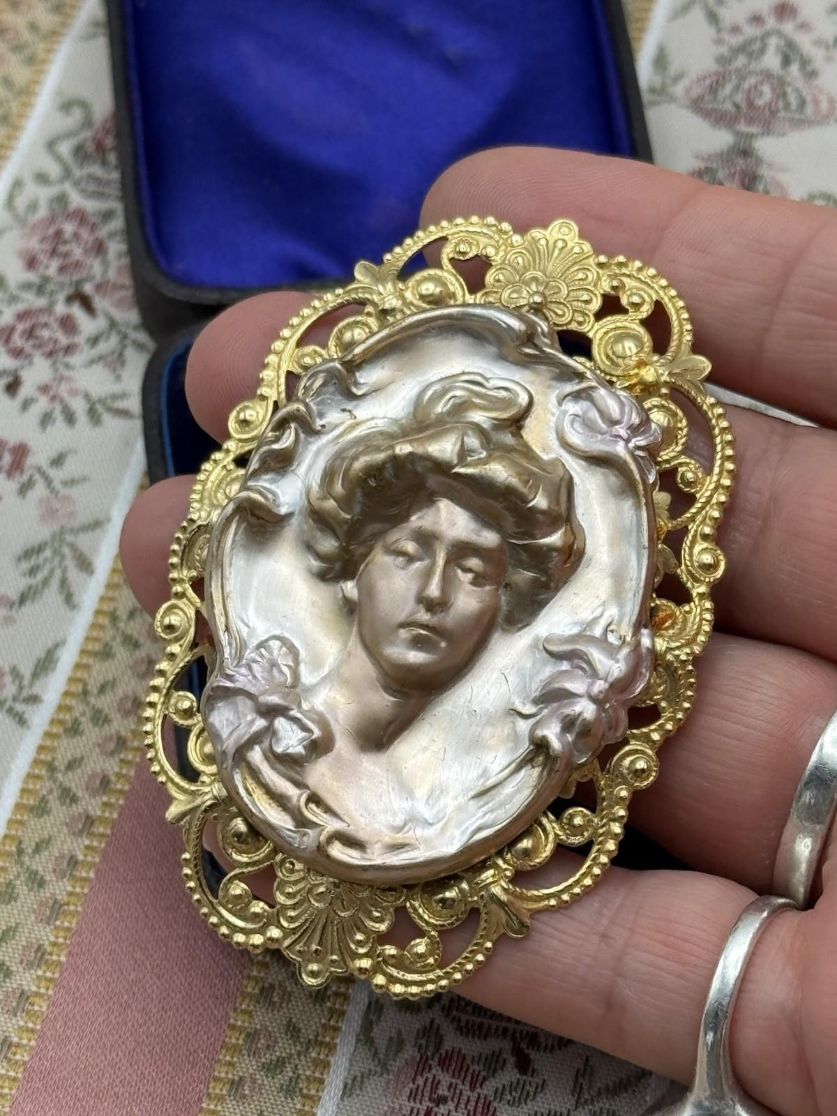 Art Nouveau Style Woman Brooch Pendant – 3” by 2” – Gilt Metal Filigree Frame