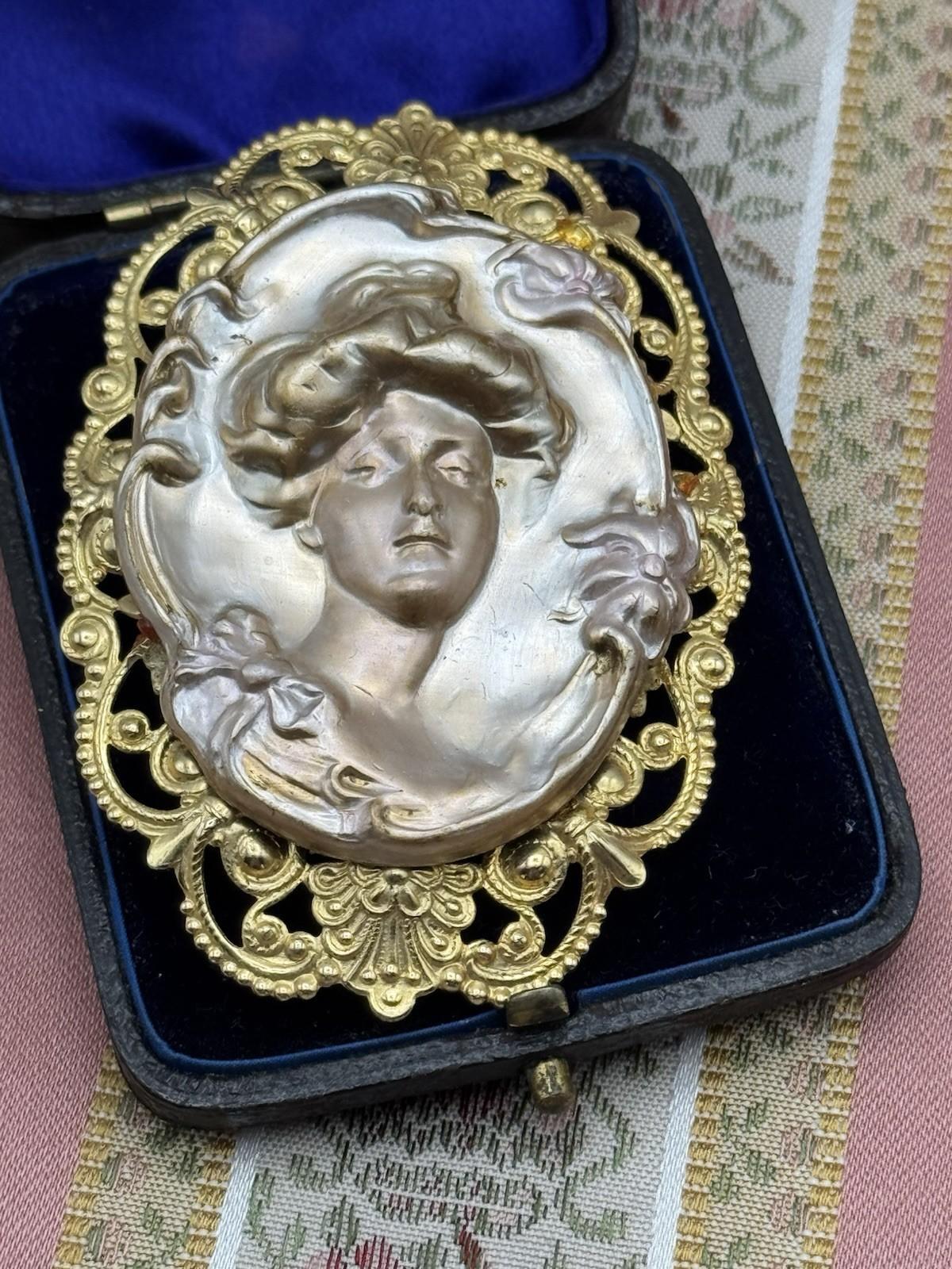 Art Nouveau Style Woman Brooch Pendant – 3” by 2” – Gilt Metal Filigree Frame