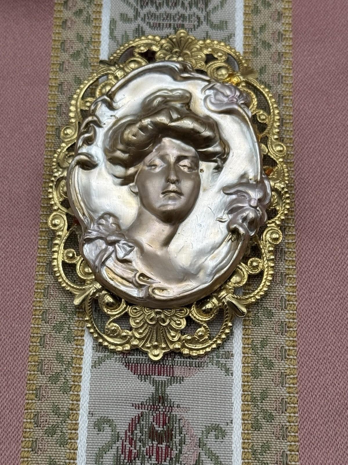Art Nouveau Style Woman Brooch Pendant – 3” by 2” – Gilt Metal Filigree Frame