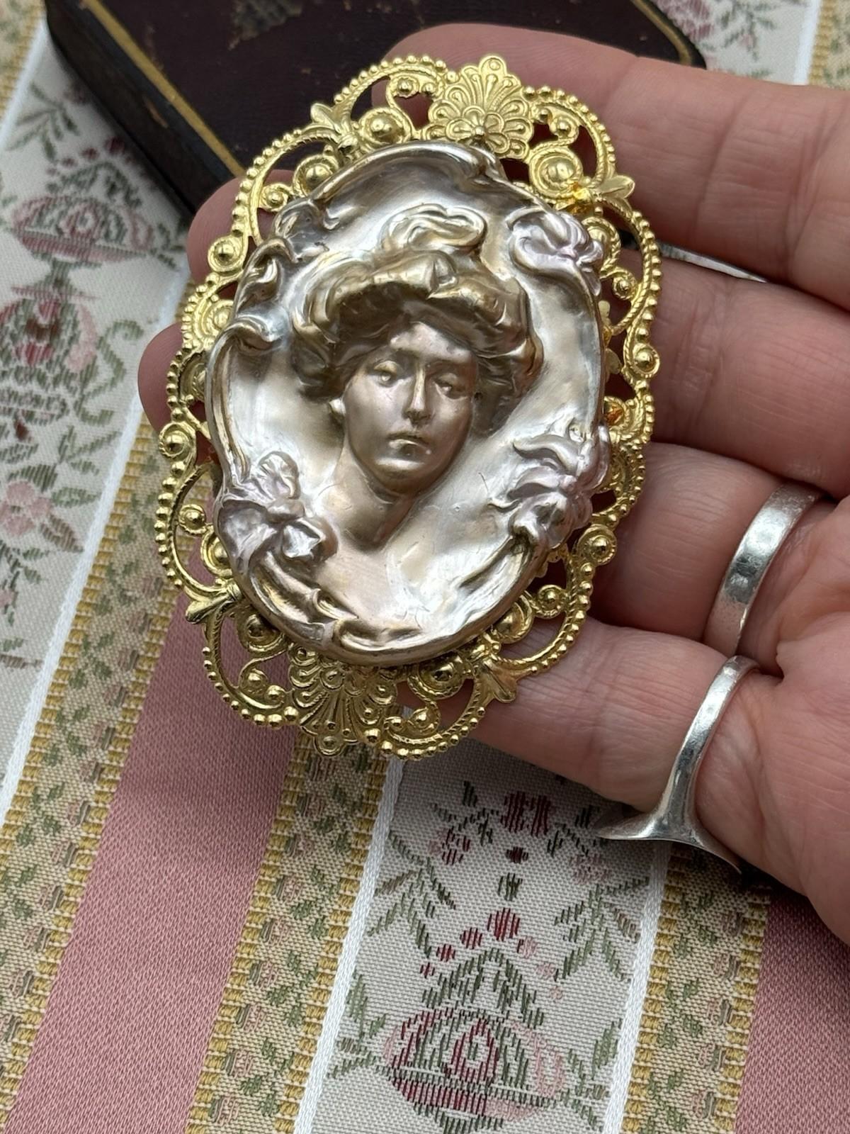 Art Nouveau Style Woman Brooch Pendant – 3” by 2” – Gilt Metal Filigree Frame