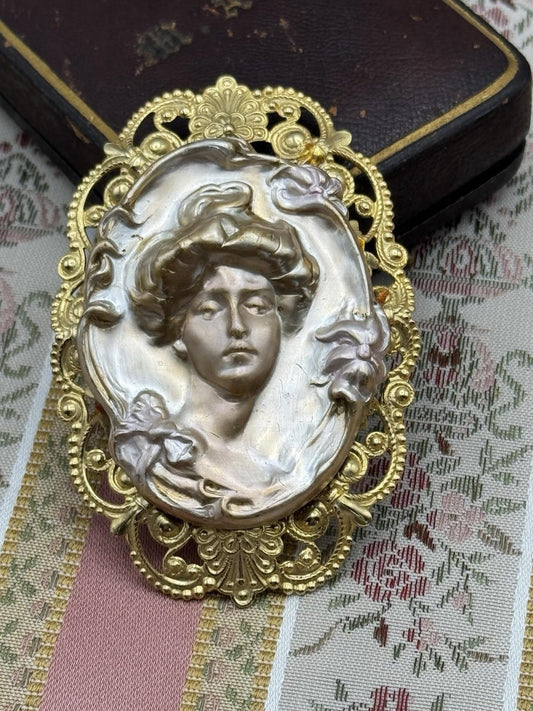 Art Nouveau Style Woman Brooch Pendant – 3” by 2” – Gilt Metal Filigree Frame