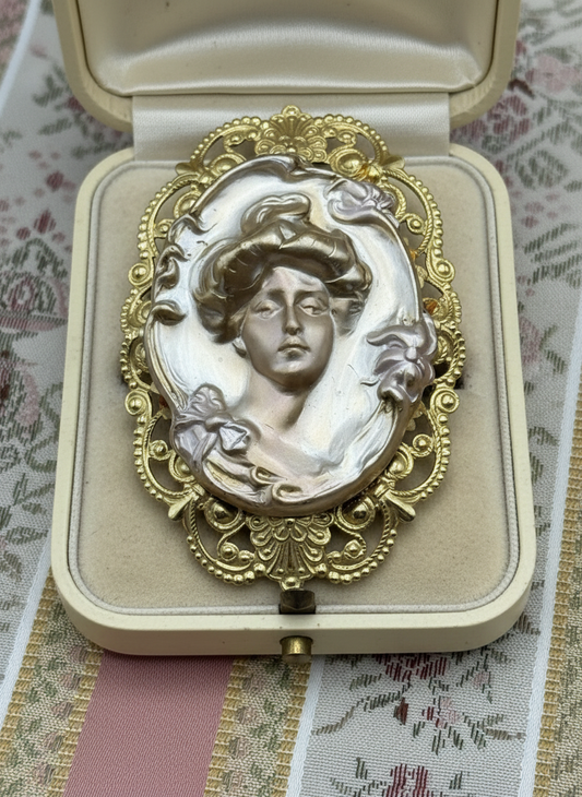 Art Nouveau Style Woman Brooch Pendant – 3” by 2” – Gilt Metal Filigree Frame
