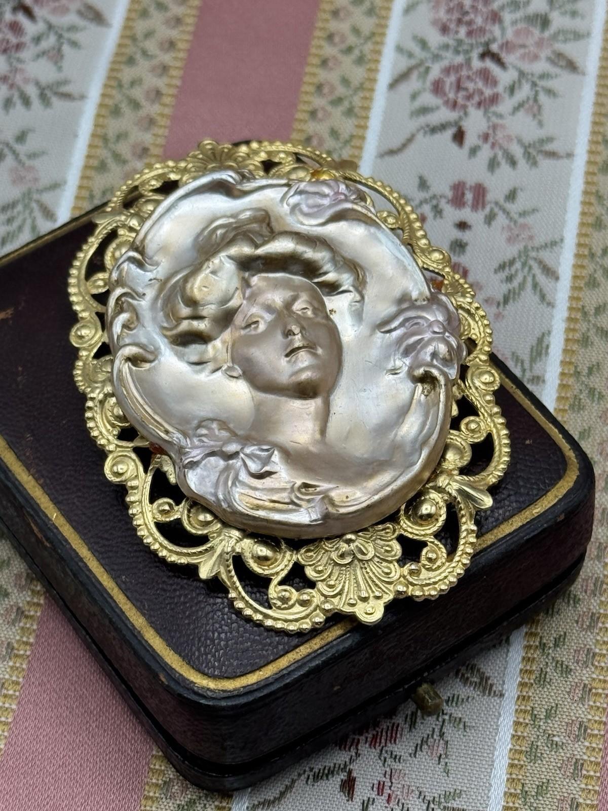 Art Nouveau Style Woman Brooch Pendant – 3” by 2” – Gilt Metal Filigree Frame