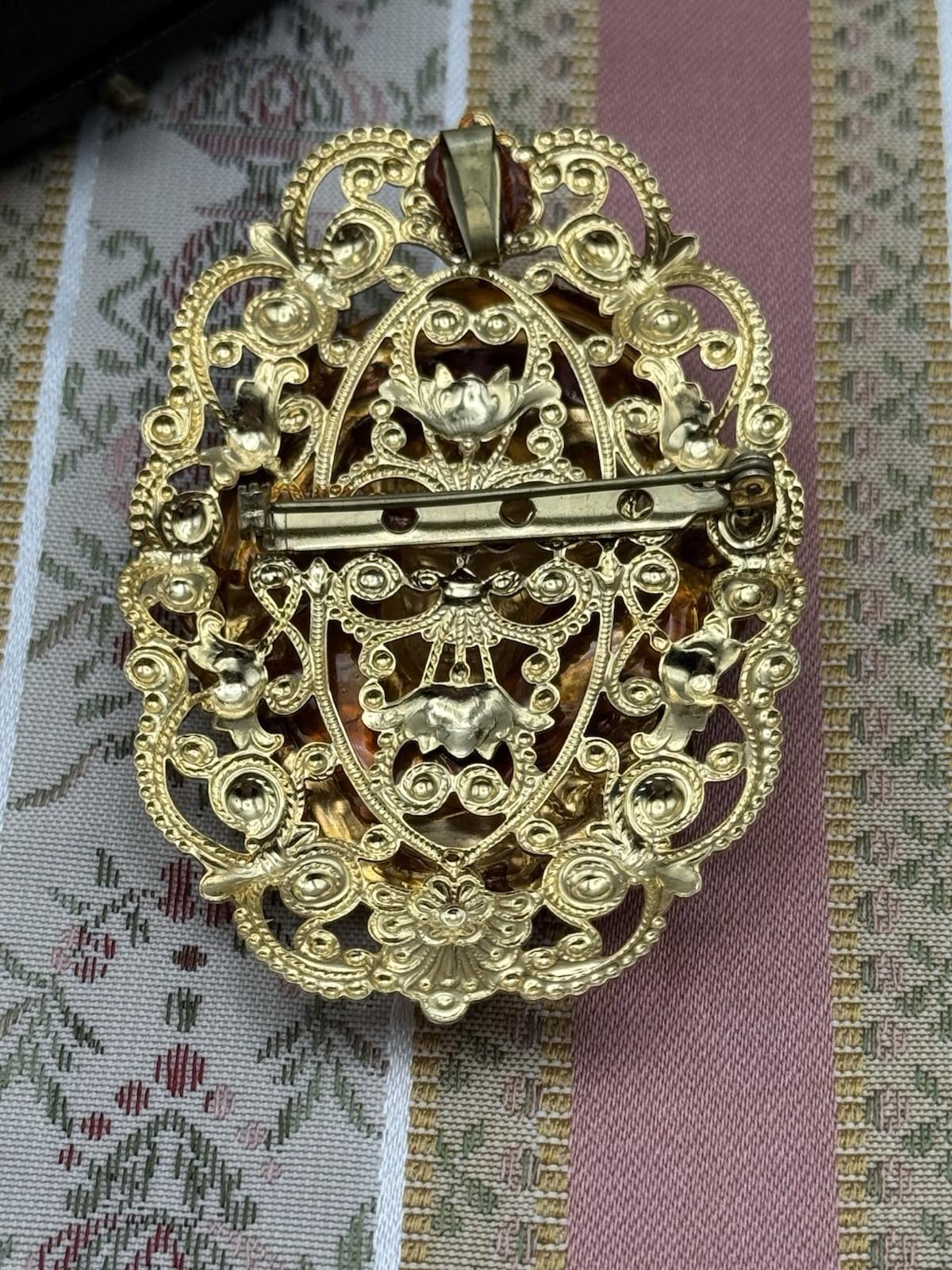 Art Nouveau Style Woman Brooch Pendant – 3” by 2” – Gilt Metal Filigree Frame