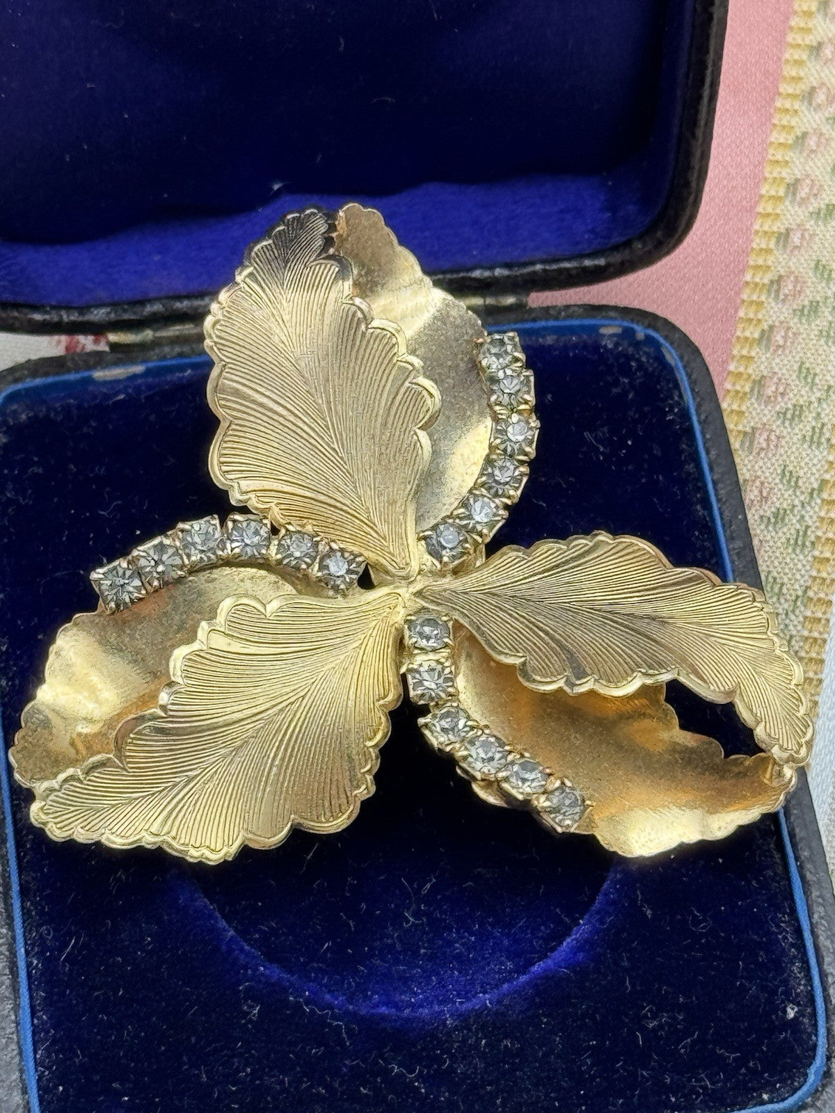 Vintage Brooch Goldtone Leaf & Rhinestone Floral – 2.25” x 2.25”