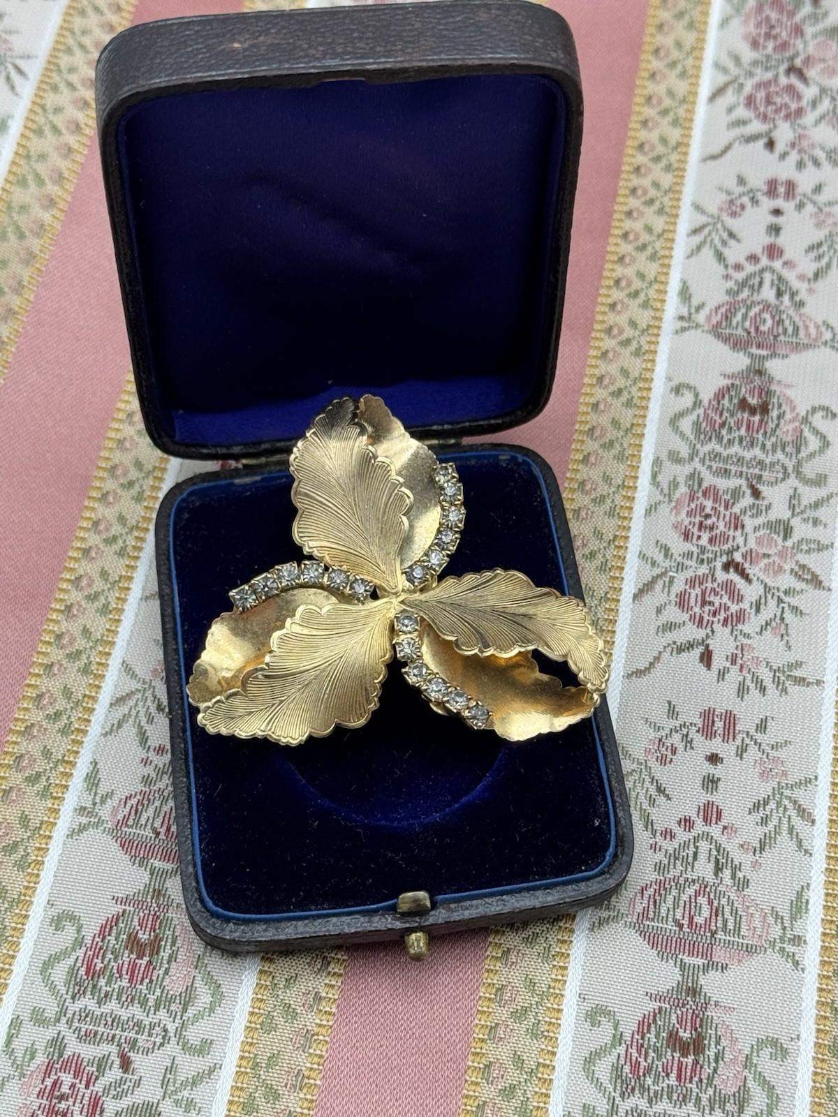 Vintage Brooch Goldtone Leaf & Rhinestone Floral – 2.25” x 2.25”