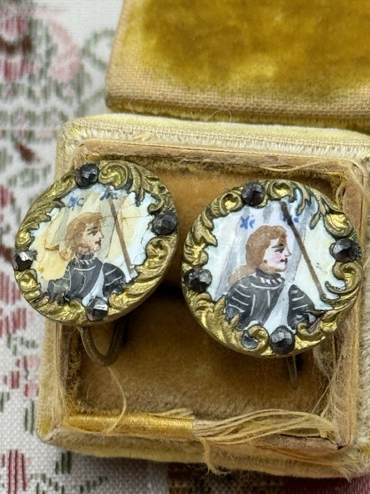 Antique Hand-Painted Joan Of Arc Portrait Earrings – Gilt Metal & Paste – 0.59”