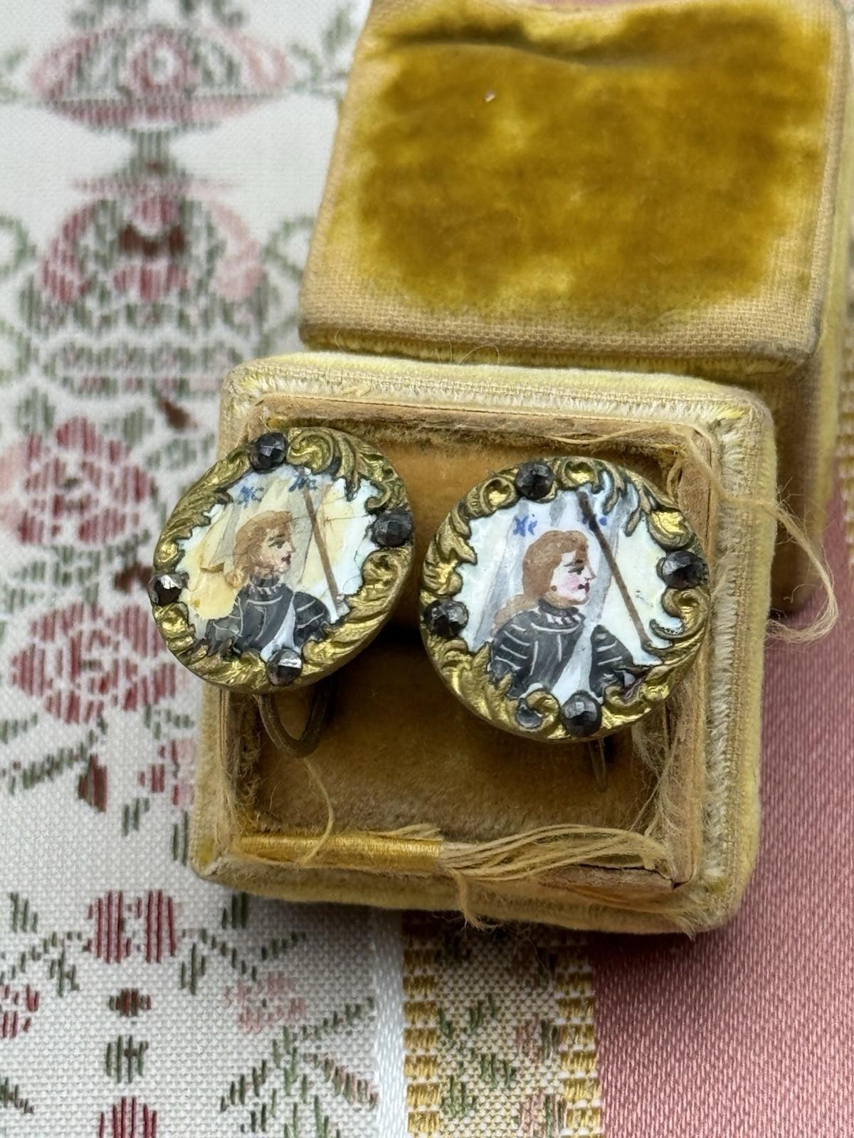 Antique Hand-Painted Joan Of Arc Portrait Earrings – Gilt Metal & Paste – 0.59”