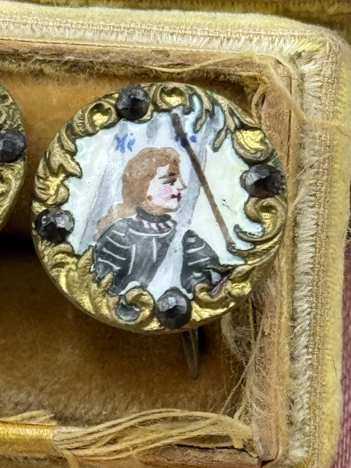 Antique Hand-Painted Joan Of Arc Portrait Earrings – Gilt Metal & Paste – 0.59”