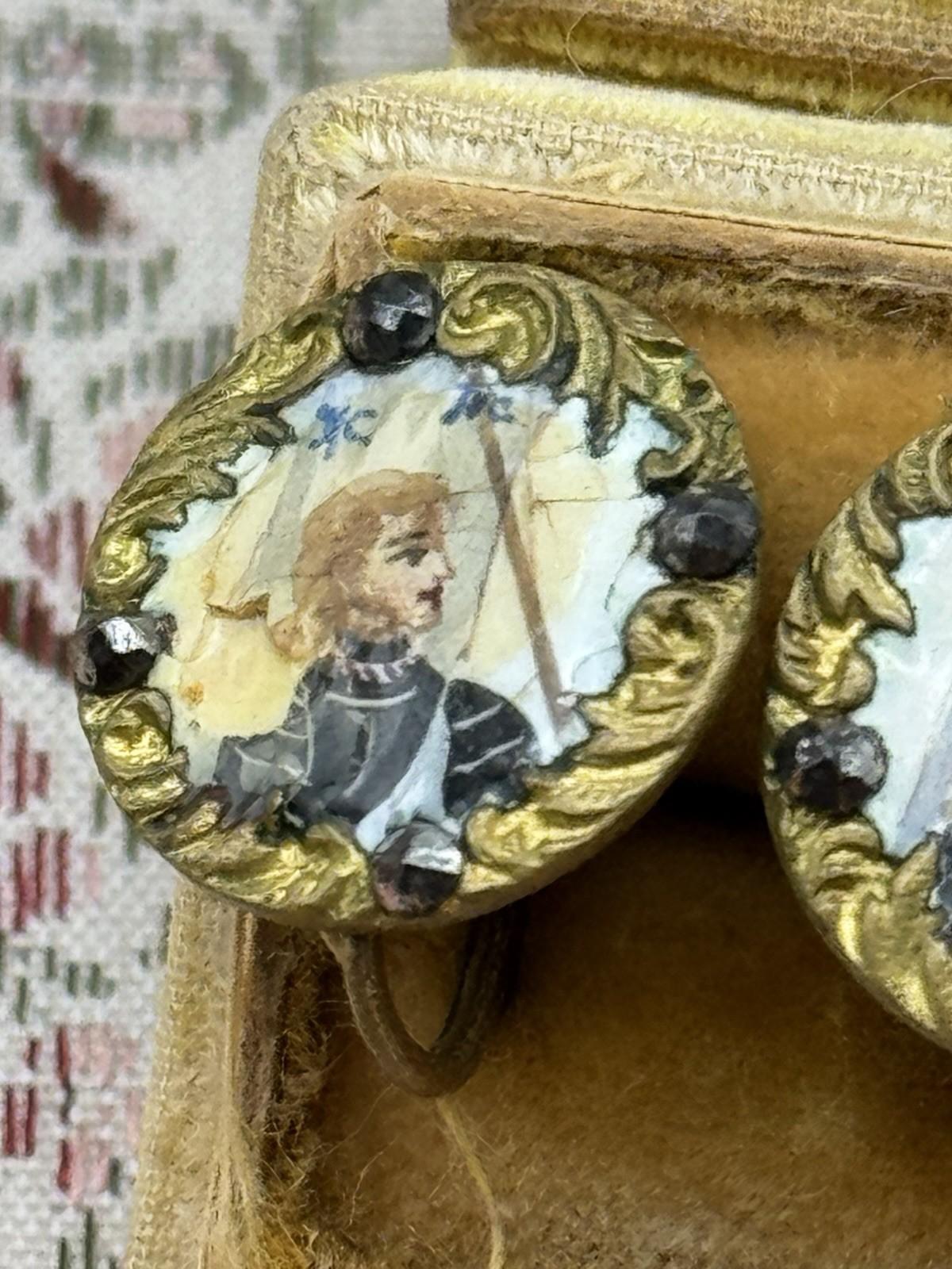 Antique Hand-Painted Joan Of Arc Portrait Earrings – Gilt Metal & Paste – 0.59”