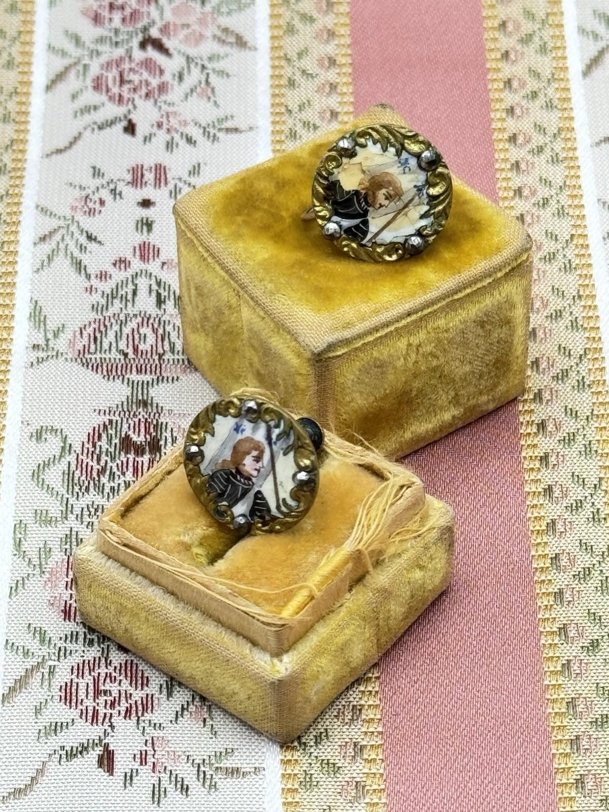 Antique Hand-Painted Joan Of Arc Portrait Earrings – Gilt Metal & Paste – 0.59”