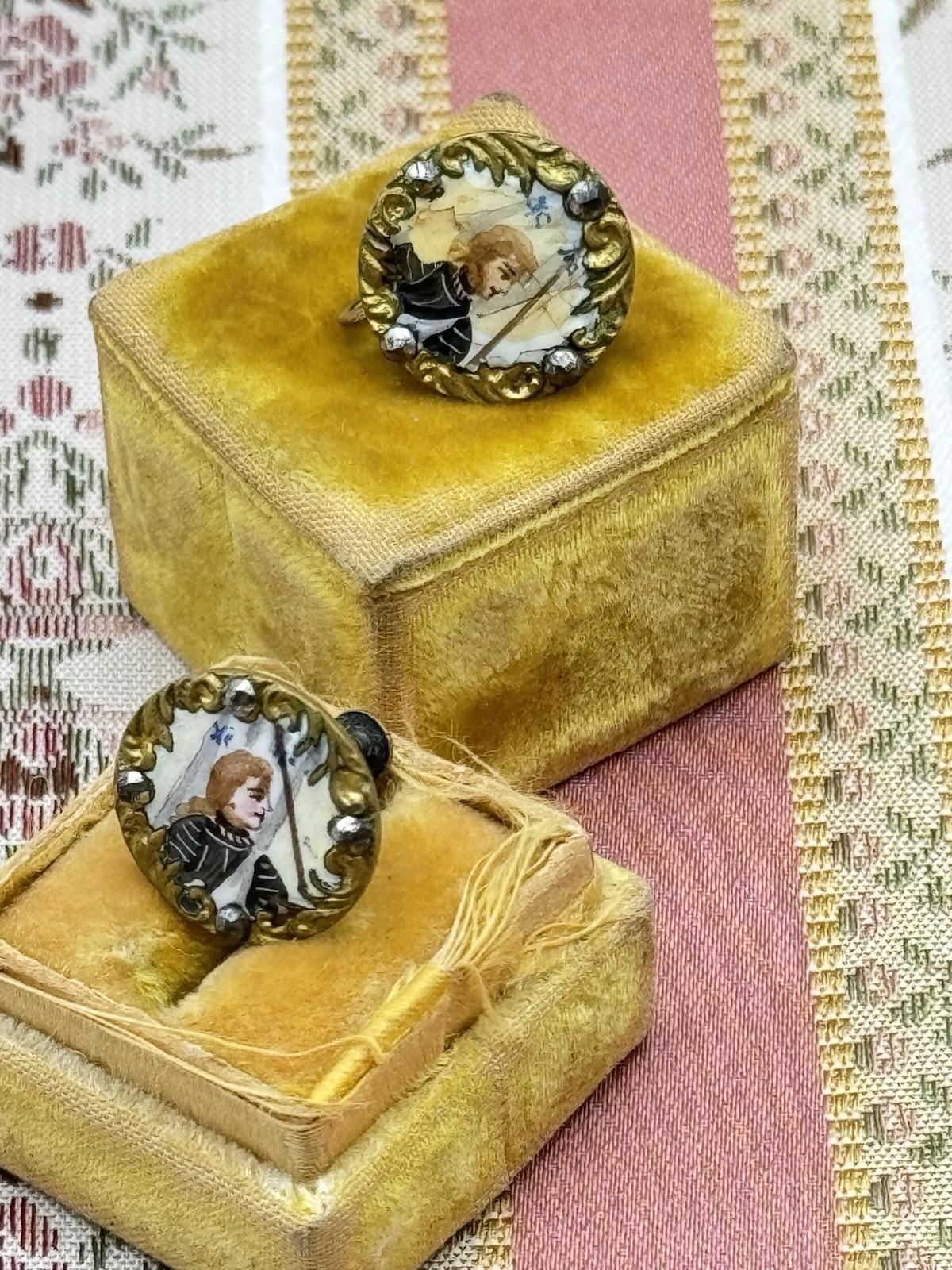 Antique Hand-Painted Joan Of Arc Portrait Earrings – Gilt Metal & Paste – 0.59”