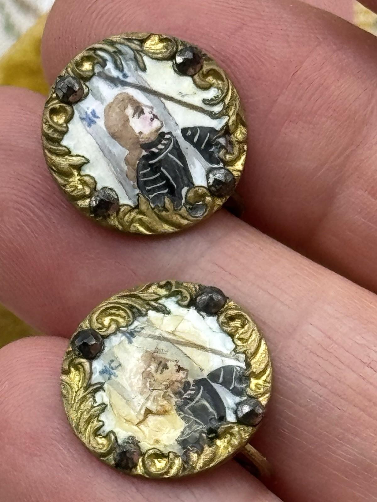 Antique Hand-Painted Joan Of Arc Portrait Earrings – Gilt Metal & Paste – 0.59”