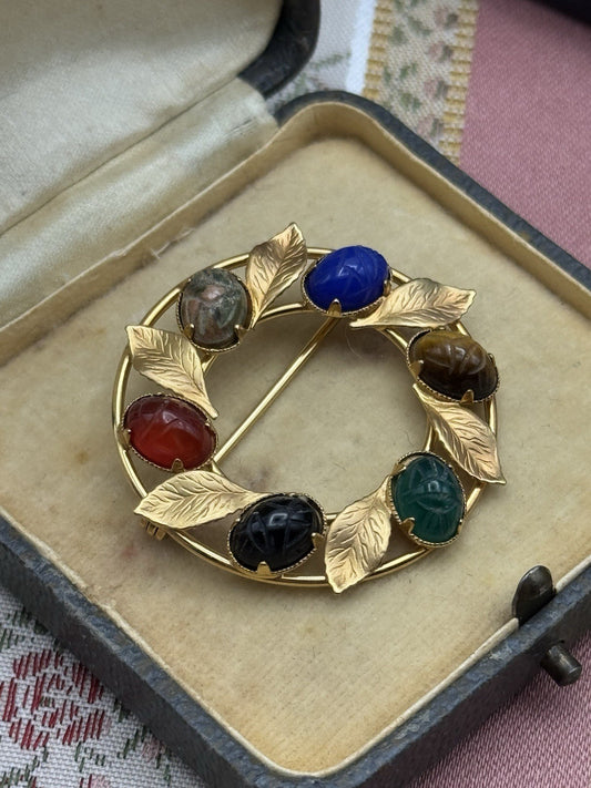 Vintage 12K Gold-Filled Scarab Circle Brooch – 1.38” – Multi-Stone Gem Colors