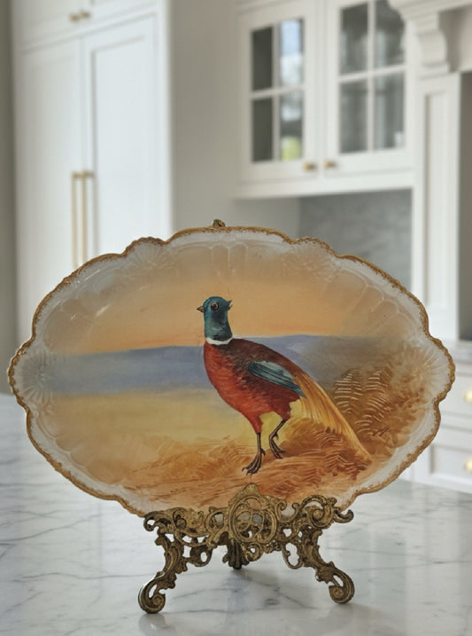Antique Limoges France Hand Painted Pheasant Platter 18” x 12” Signed Stand NOT included.