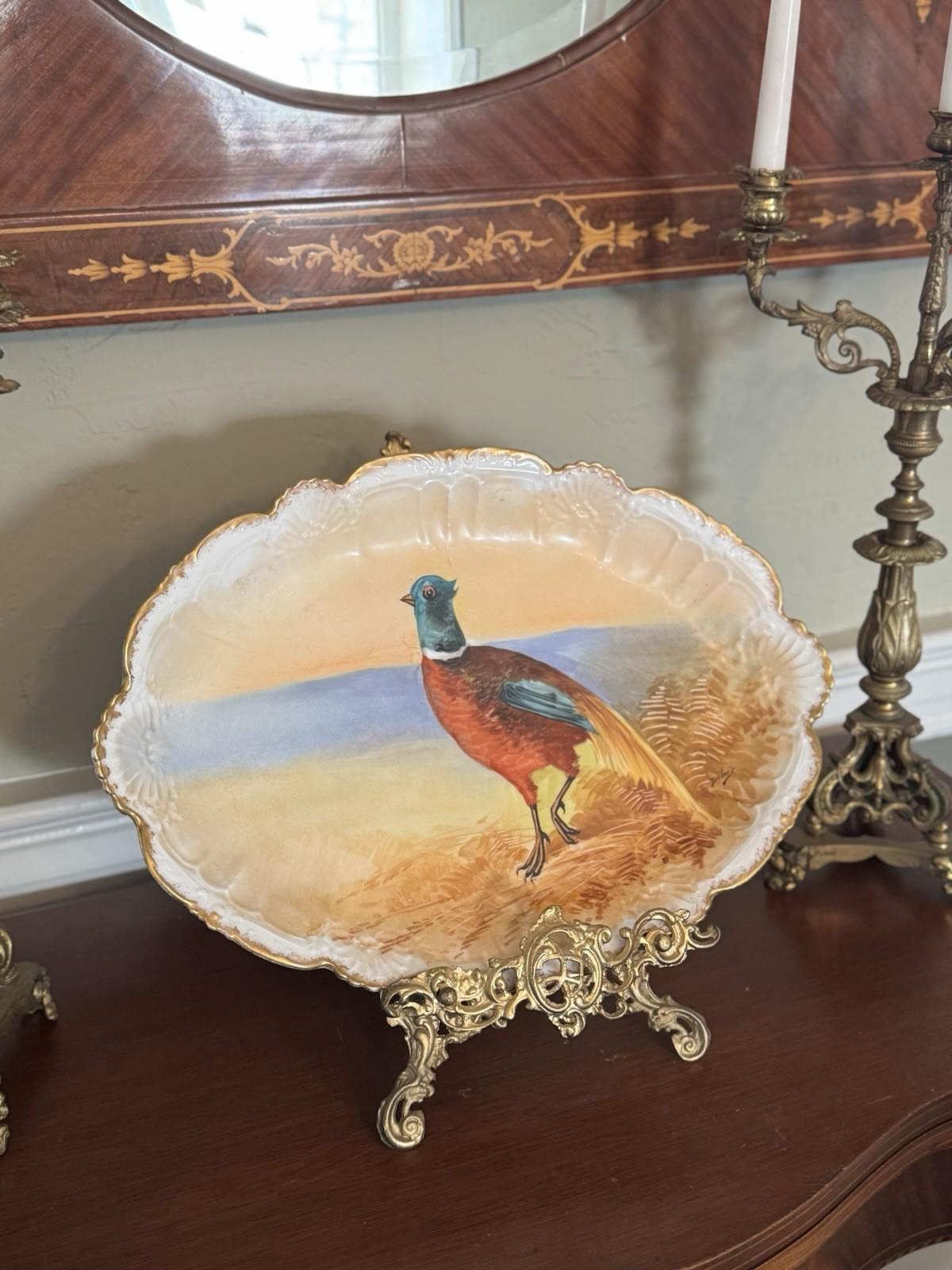 Antique Limoges France Hand Painted Pheasant Platter 18” x 12” Signed Stand NOT included.