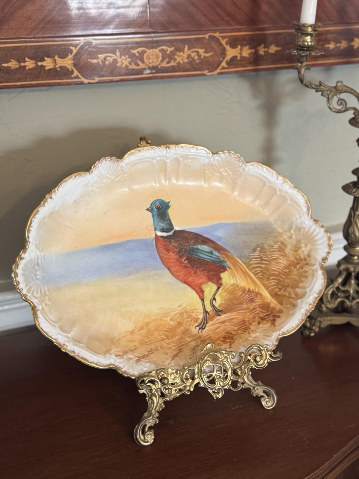Antique Limoges France Hand Painted Pheasant Platter 18” x 12” Signed Stand NOT included.