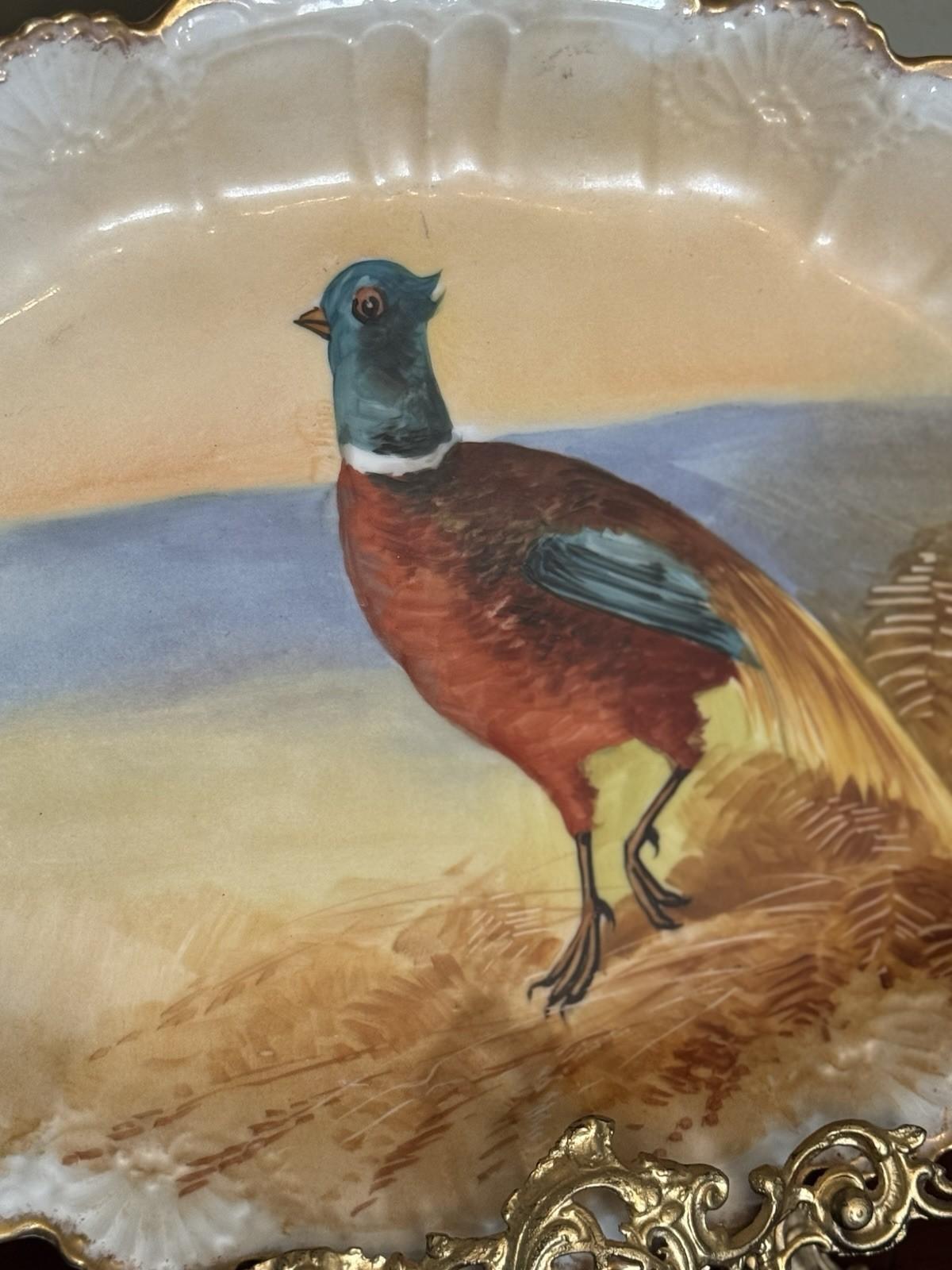 Antique Limoges France Hand Painted Pheasant Platter 18” x 12” Signed Stand NOT included.