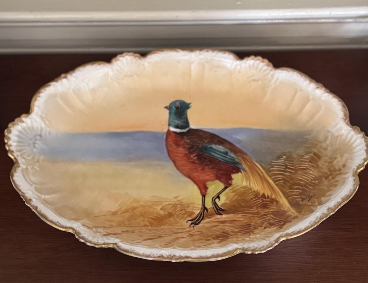 Antique Limoges France Hand Painted Pheasant Platter 18” x 12” Signed Stand NOT included.