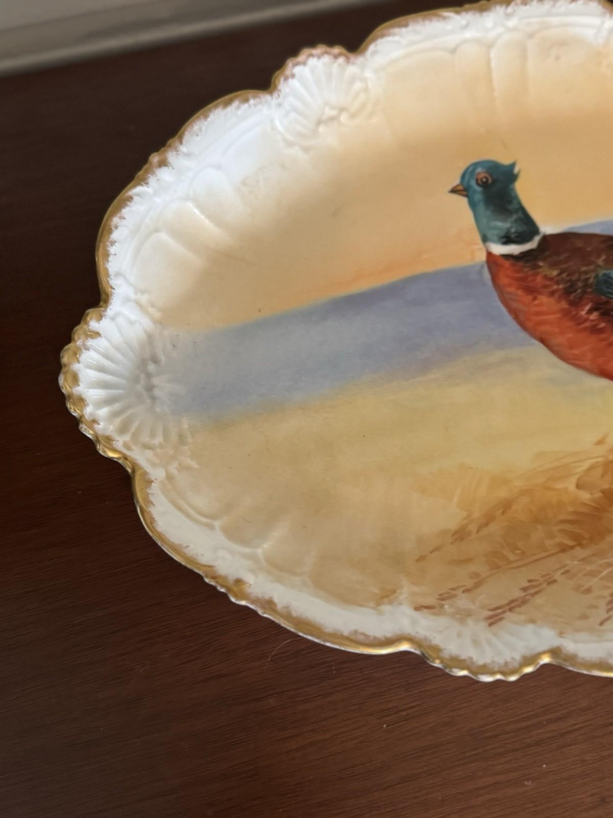 Antique Limoges France Hand Painted Pheasant Platter 18” x 12” Signed Stand NOT included.