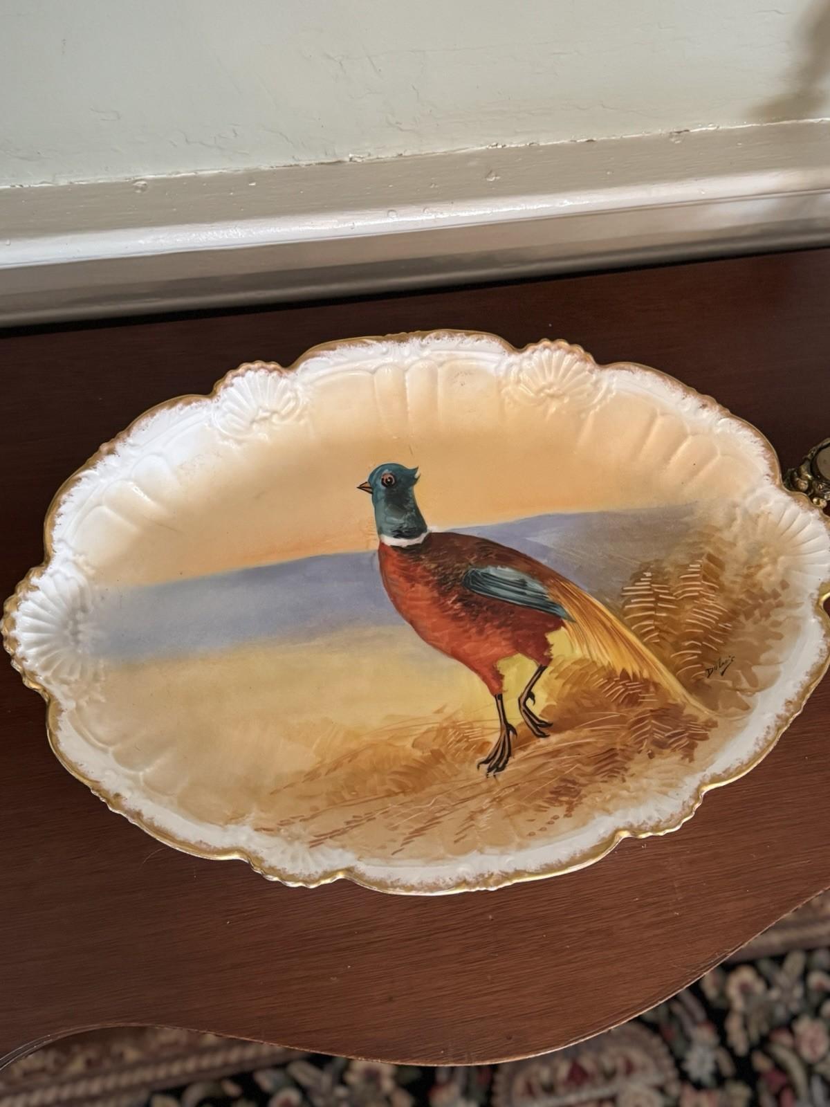 Antique Limoges France Hand Painted Pheasant Platter 18” x 12” Signed Stand NOT included.