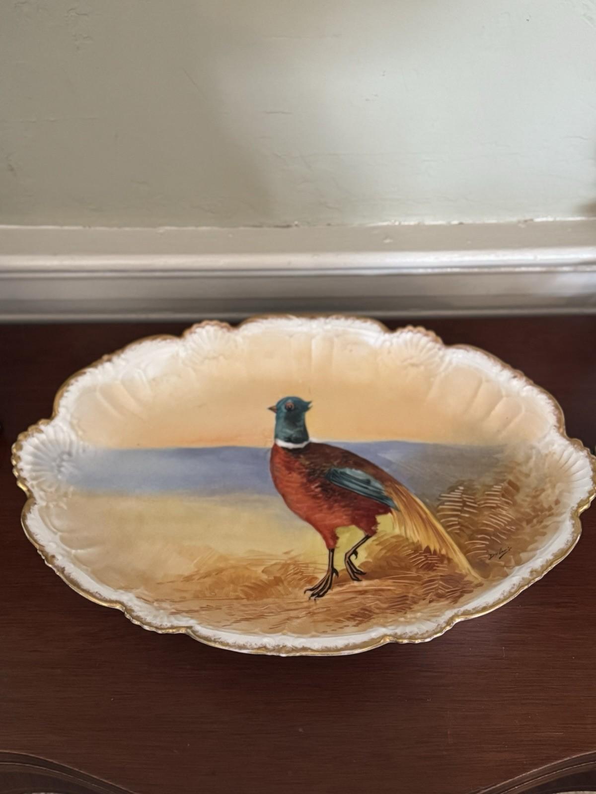 Antique Limoges France Hand Painted Pheasant Platter 18” x 12” Signed Stand NOT included.