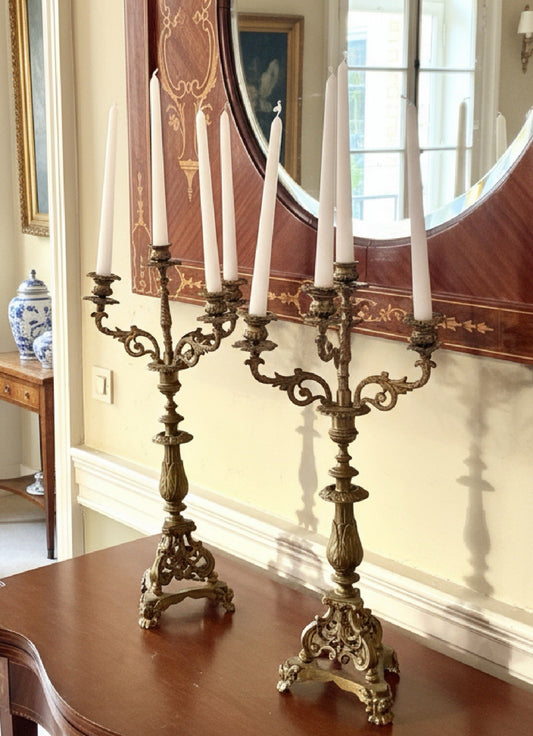 Pair 5-Light Candelabra Antique Style Brass – Rococo Revival Elegance