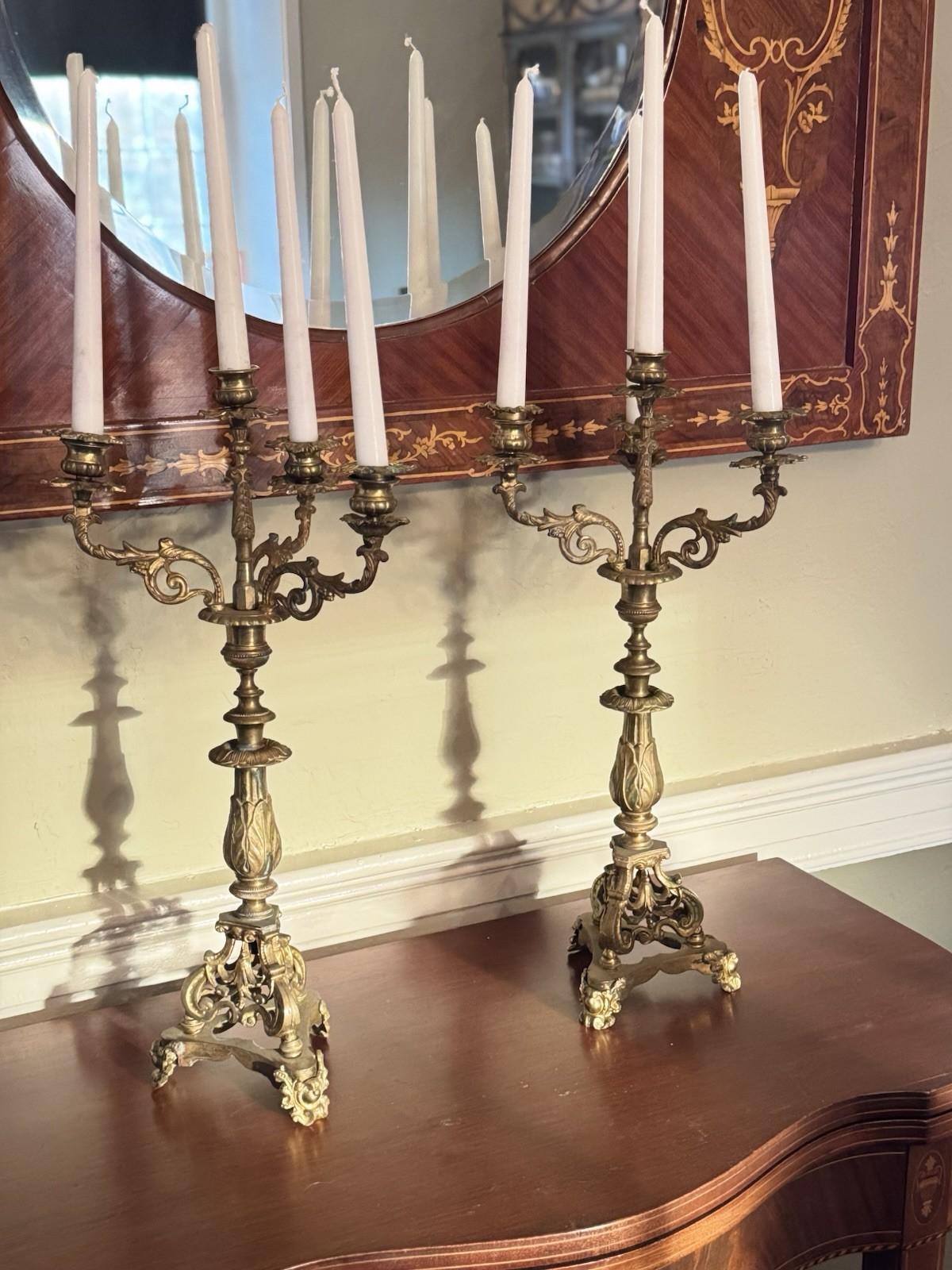 Pair 5-Light Candelabra Antique Style Brass – Rococo Revival Elegance