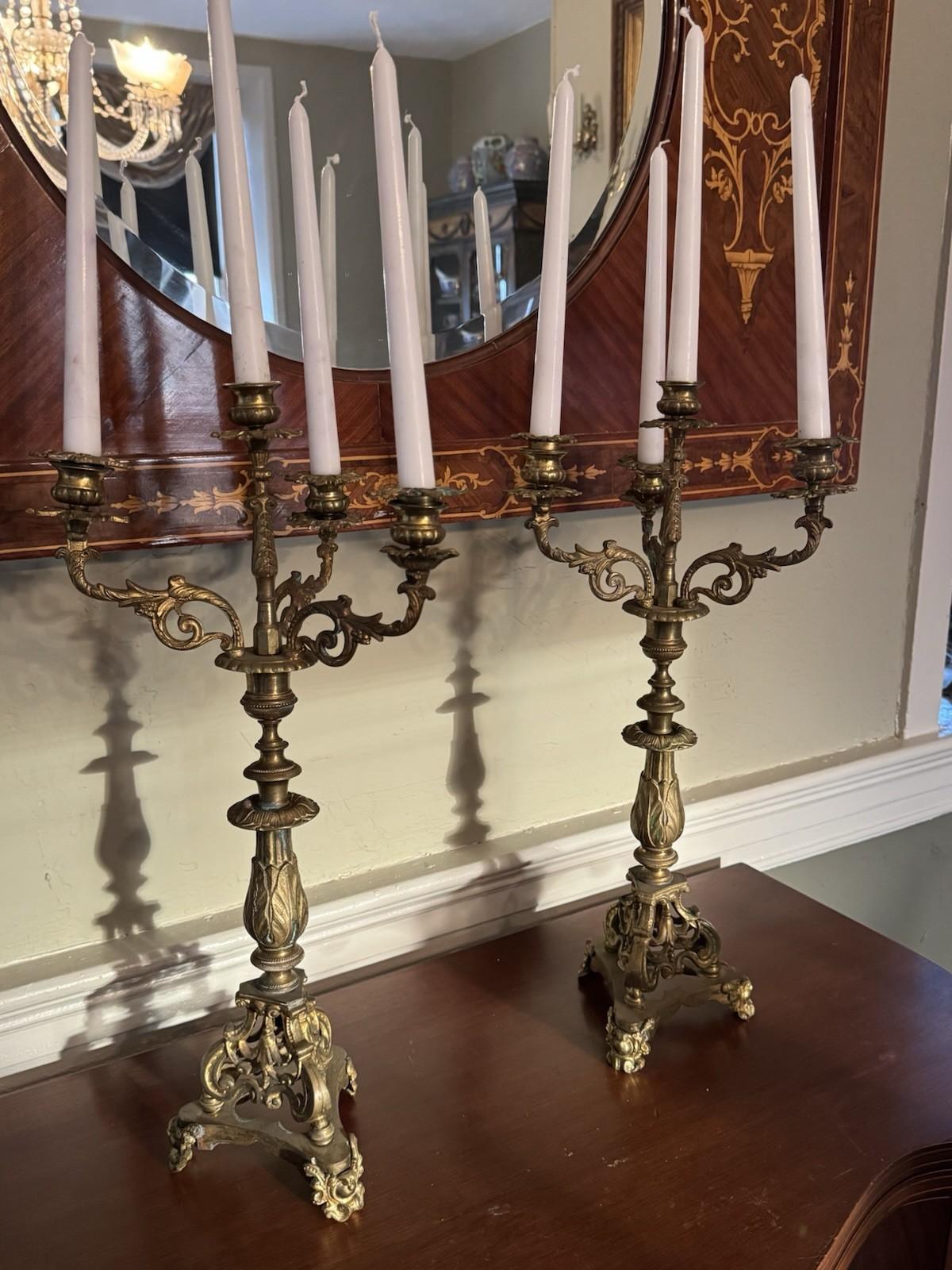 Pair 5-Light Candelabra Antique Style Brass – Rococo Revival Elegance