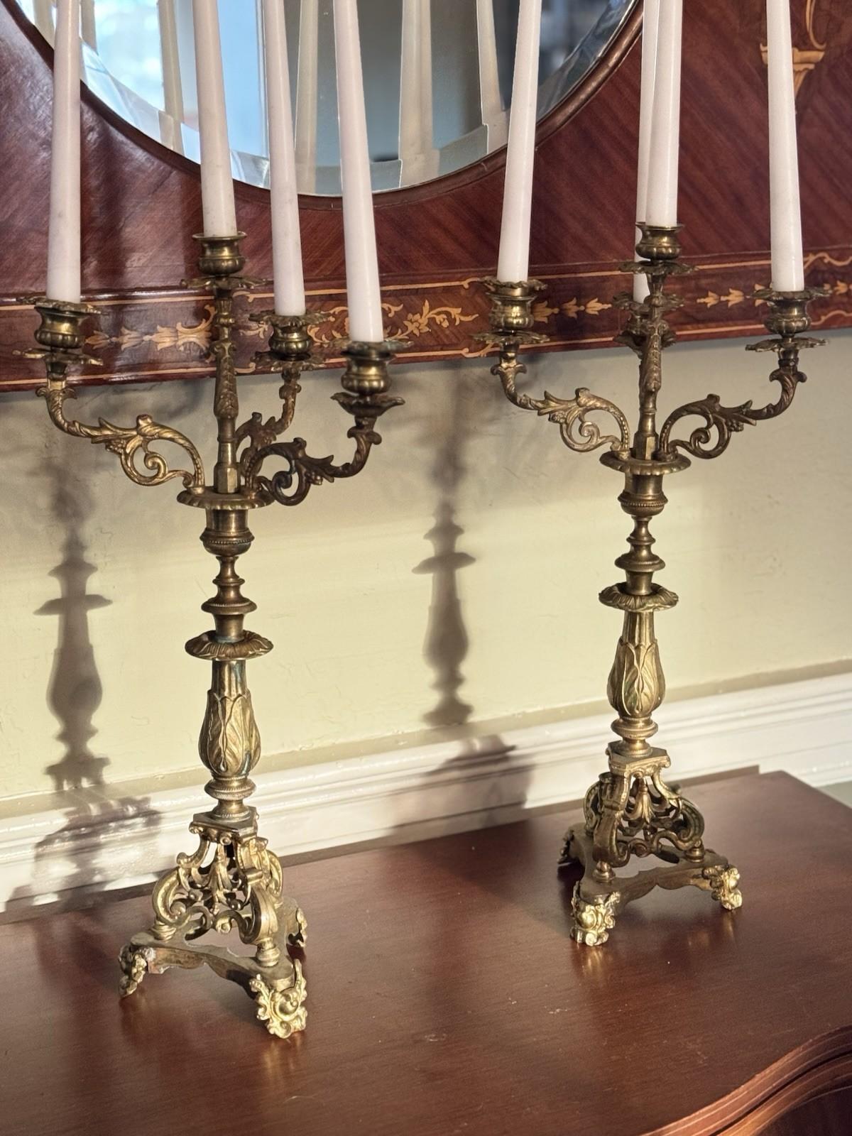 Pair 5-Light Candelabra Antique Style Brass – Rococo Revival Elegance