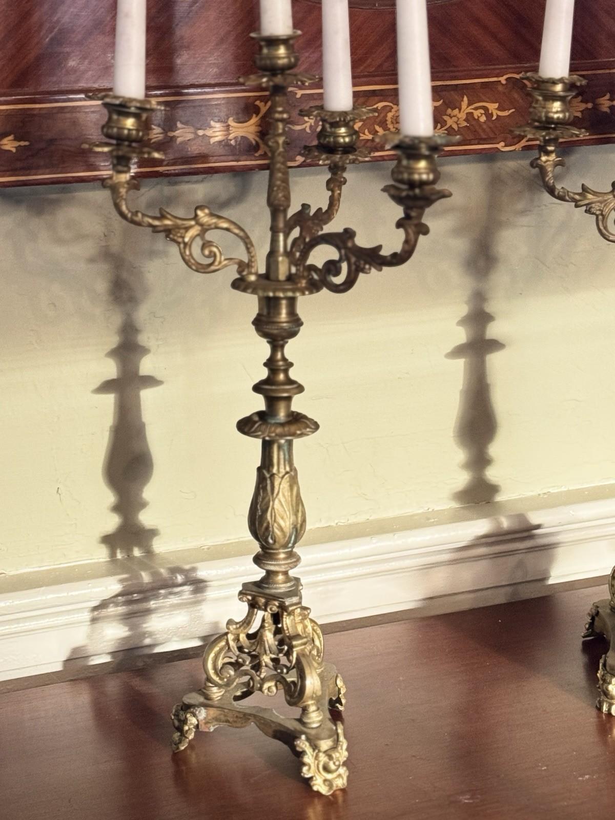 Pair 5-Light Candelabra Antique Style Brass – Rococo Revival Elegance