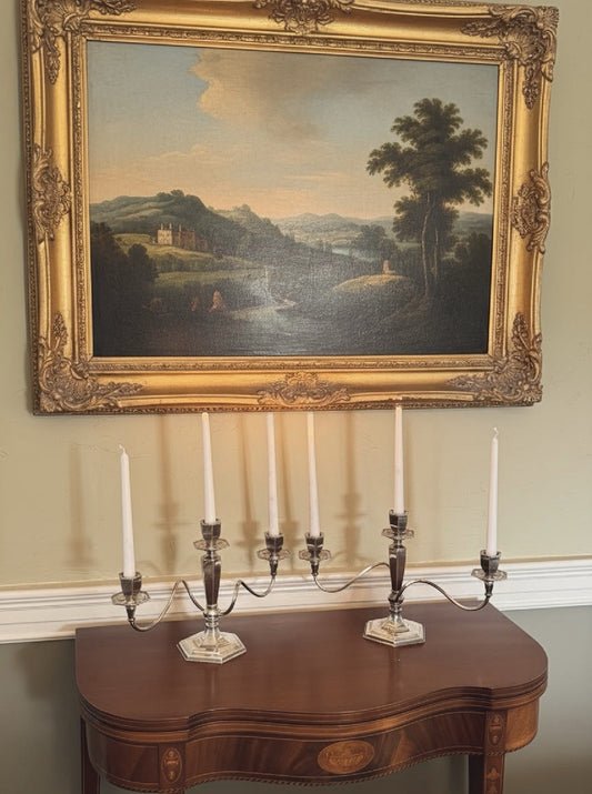 Pair Antique Poole Quadruple Silverplate 3-Light Candelabra Monogram W/M