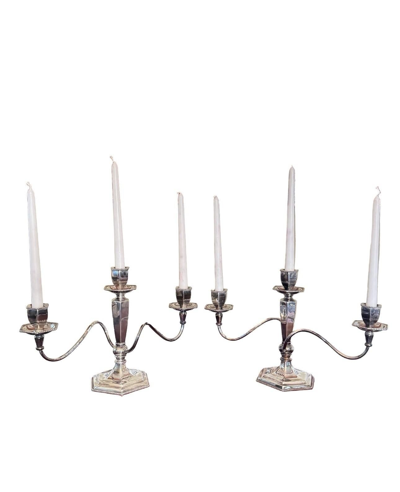 Pair Antique Poole Quadruple Silverplate 3-Light Candelabra Monogram W/M