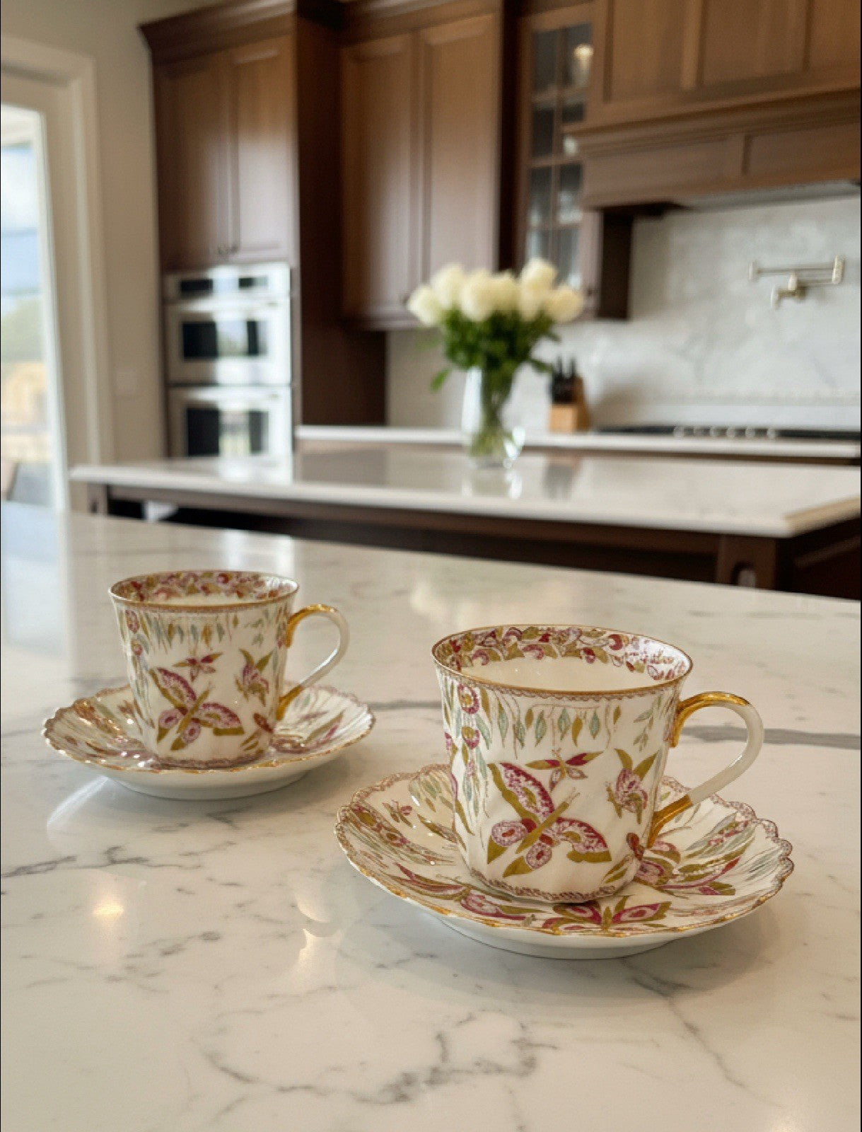 Pair Lomonosov Espresso Cup & Saucer Pink Butterfly Hand Painted Russia 2001 RARE‼️