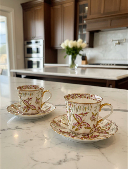 Pair Lomonosov Espresso Cup & Saucer Pink Butterfly Hand Painted Russia 2001 RARE‼️