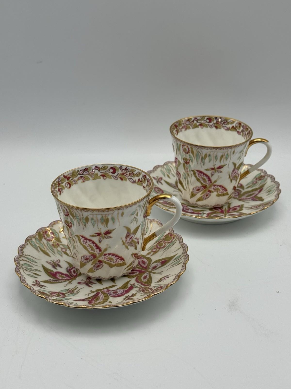 Pair Lomonosov Espresso Cup & Saucer Pink Butterfly Hand Painted Russia 2001 RARE‼️