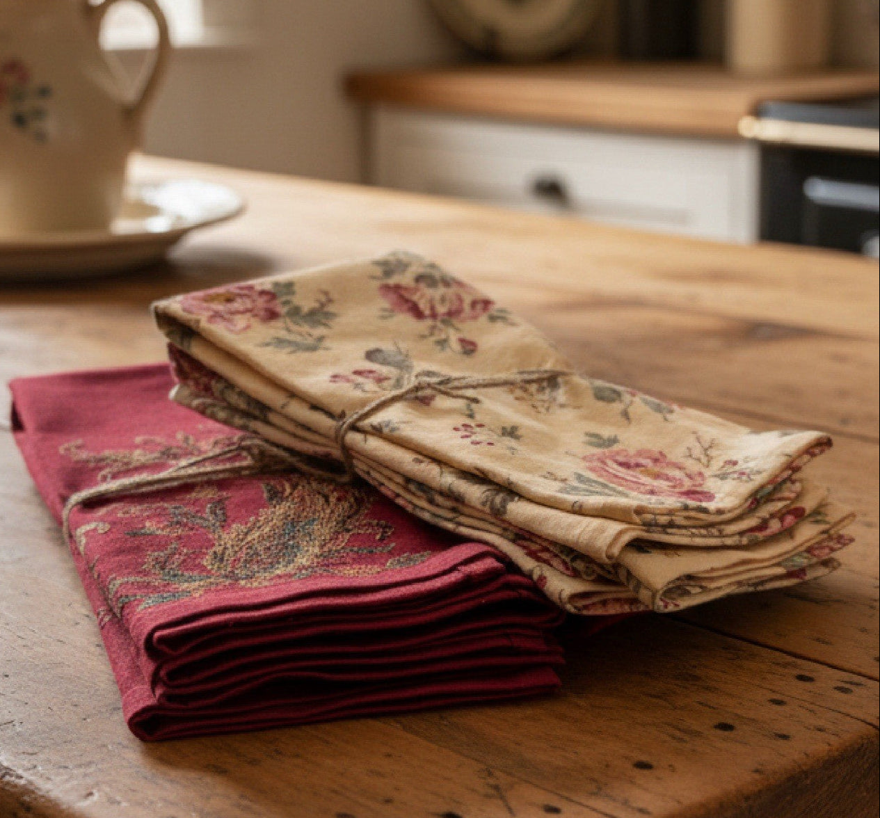 2 Sets Vintage Napkins Floral Chintz 18” & Embroidered Wine Red 20” Square