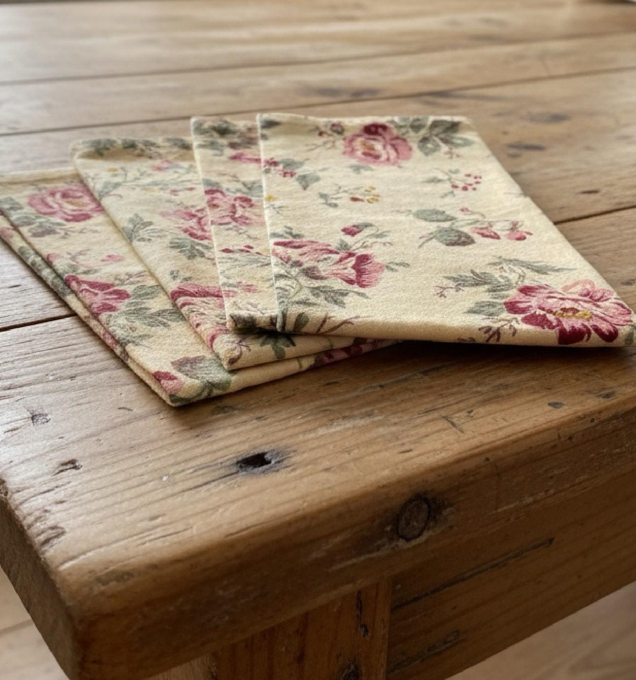 2 Sets Vintage Napkins Floral Chintz 18” & Embroidered Wine Red 20” Square