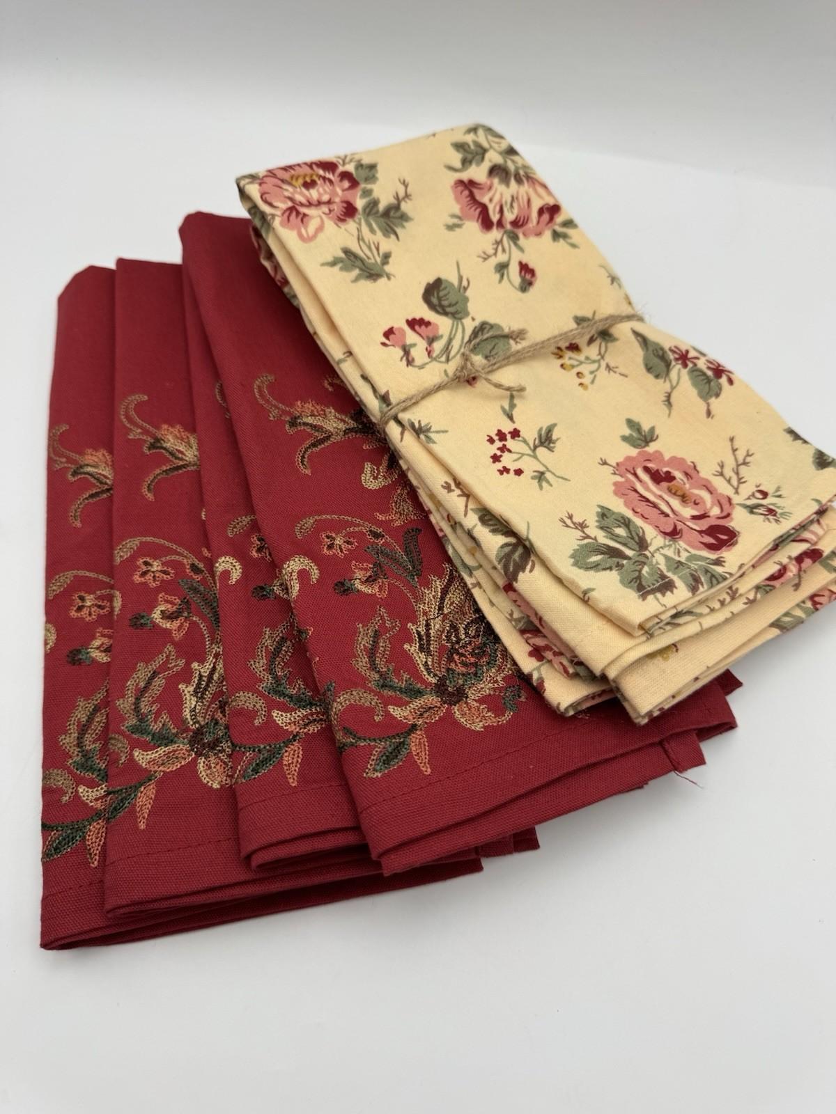 2 Sets Vintage Napkins Floral Chintz 18” & Embroidered Wine Red 20” Square