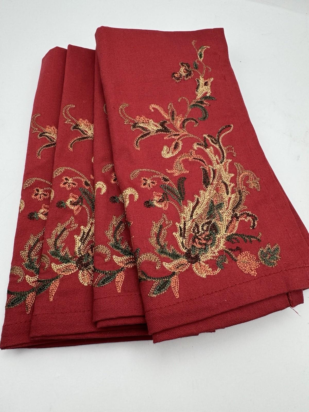 2 Sets Vintage Napkins Floral Chintz 18” & Embroidered Wine Red 20” Square