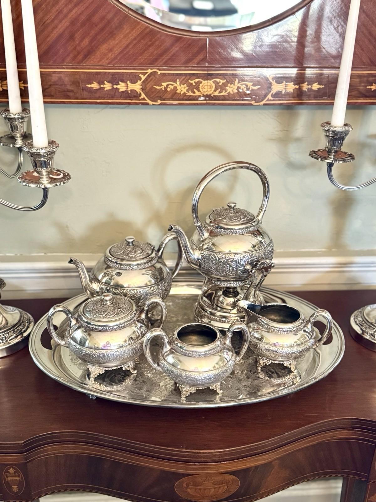 Antique Meriden Silver Plate 6 Pc Tea & Coffee Set + Tray Victorian Quadruple